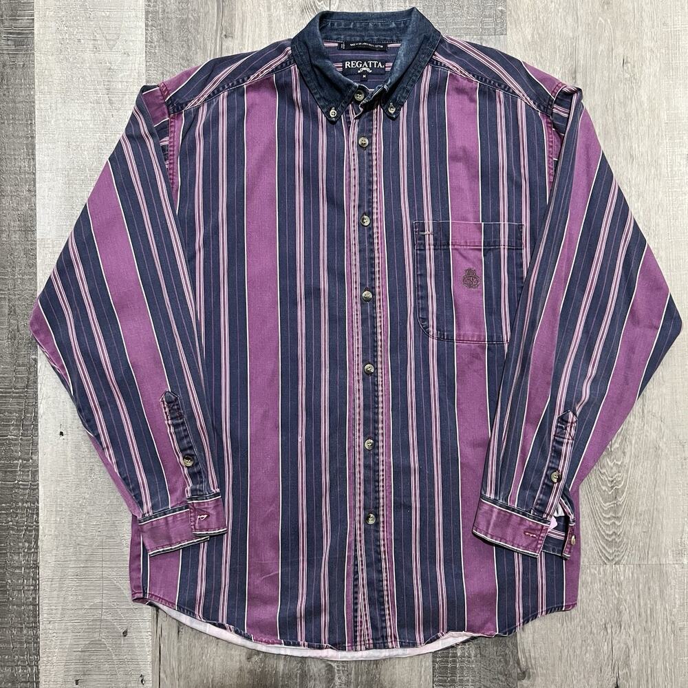 Vintage Regatta Purple Striped Canvas Cotton Button Shirt 90s Sailing Crest Logo